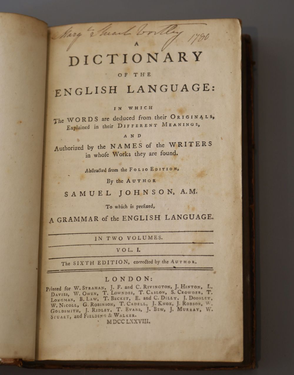 Johnson, Samuel - A Dictionary of the English Language, 2 vols, 6th edition, 8vo, calf, lacking titling labels, inner joints strengthen